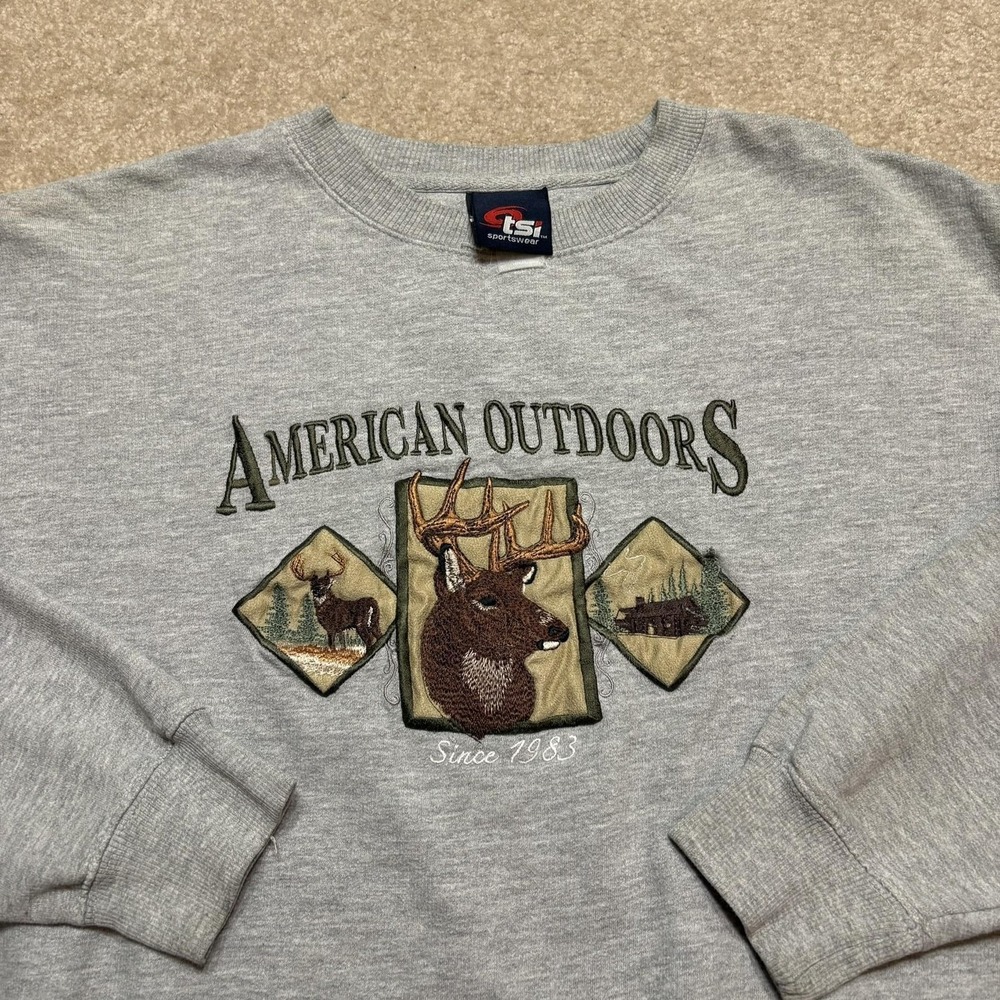 Vtg Deer Sweatshirt XL Gray American Outdoors Embroidered Nature Crewneck 90s